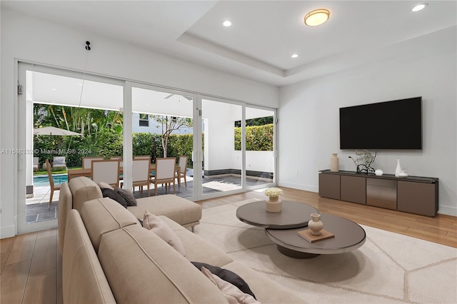 living room featuring a raised ceiling and light hardwood / wood-style flooring