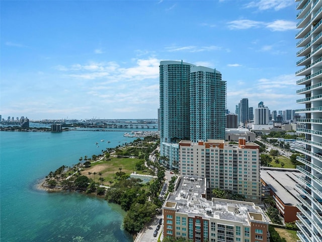 exterior space with a water view