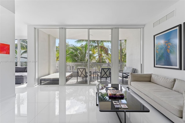 living room featuring tile flooring