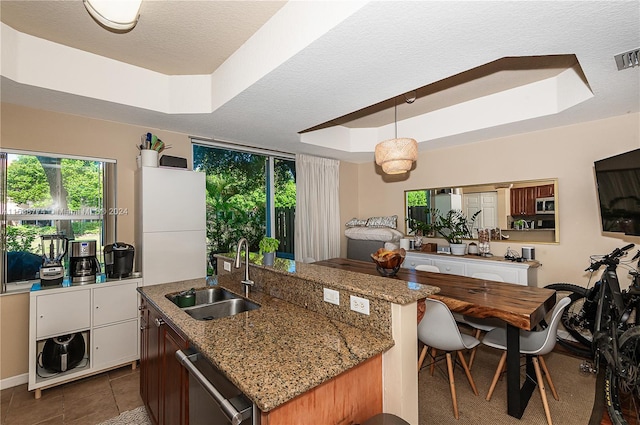 kitchen with stainless steel appliances, a center island with sink, decorative light fixtures, a raised ceiling, and sink