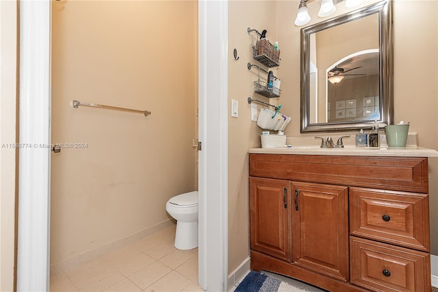 bathroom with tile floors, ceiling fan, toilet, and vanity