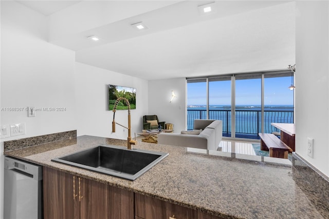 kitchen with dark brown cabinets, expansive windows, a water view, dishwasher, and sink