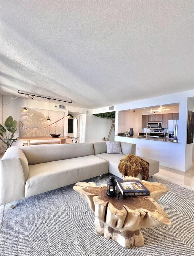 living room featuring a textured ceiling and rail lighting