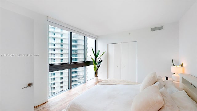 bedroom with a closet, light wood-type flooring, and a wall of windows