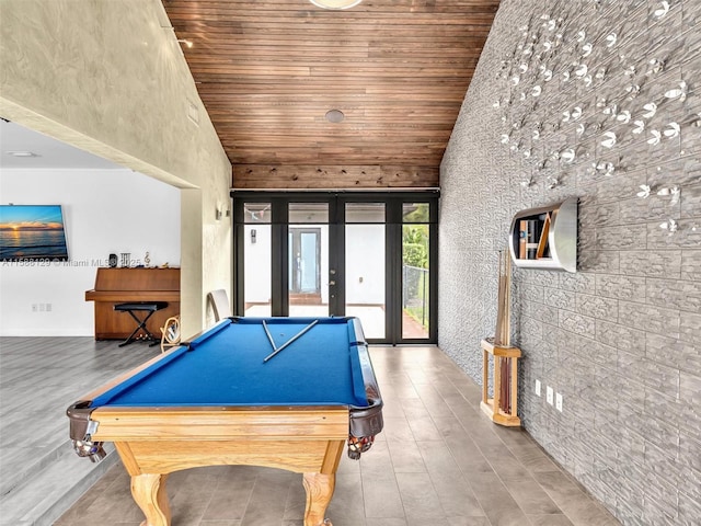 playroom with pool table, high vaulted ceiling, wood finished floors, and wood ceiling