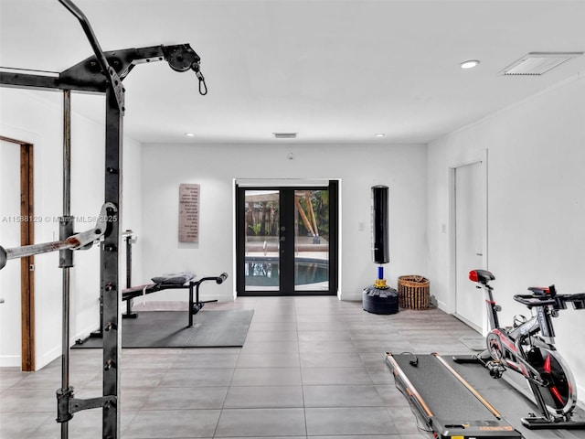 exercise room with french doors, visible vents, and recessed lighting