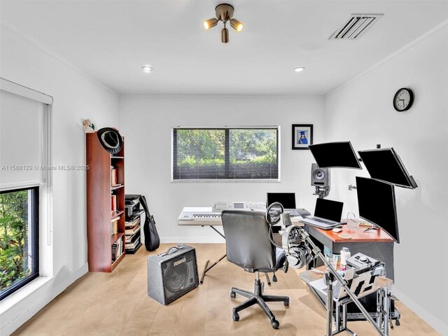 office area featuring plenty of natural light and ornamental molding