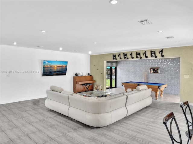 living room featuring recessed lighting, visible vents, baseboards, and pool table