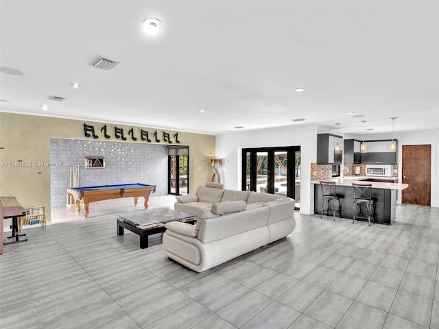 living room featuring recessed lighting, french doors, pool table, and visible vents