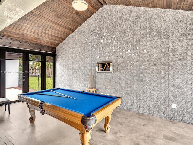 playroom with wood ceiling, billiards, vaulted ceiling, and french doors