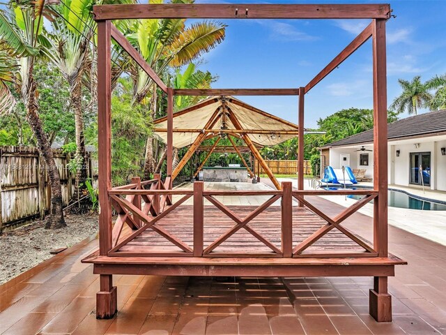 deck featuring a fenced in pool and a patio