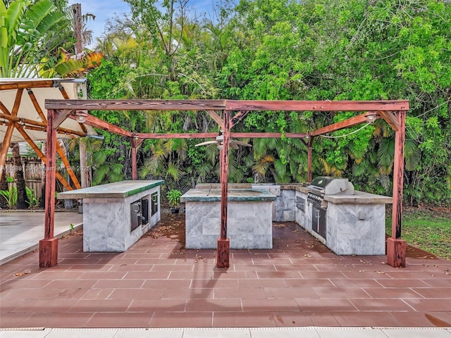 view of patio with area for grilling and a grill