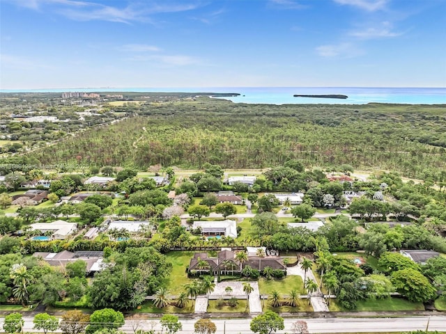 bird's eye view featuring a water view and a view of trees