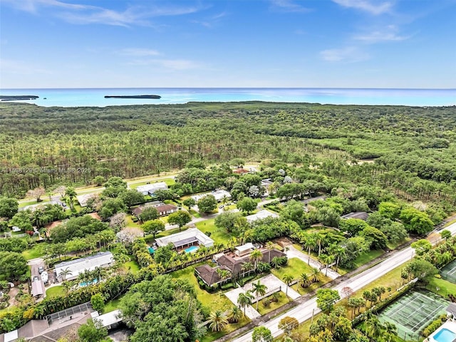 bird's eye view featuring a water view and a view of trees