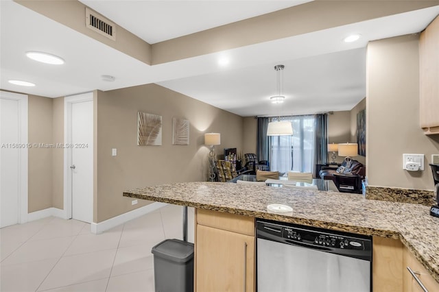 kitchen featuring stainless steel dishwasher, kitchen peninsula, and light brown cabinetry