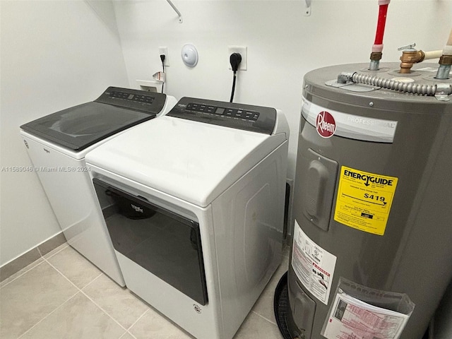 washroom with independent washer and dryer, light tile flooring, electric dryer hookup, water heater, and hookup for a washing machine