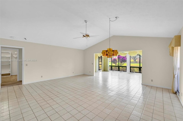 unfurnished living room with high vaulted ceiling, light tile patterned floors, and ceiling fan with notable chandelier