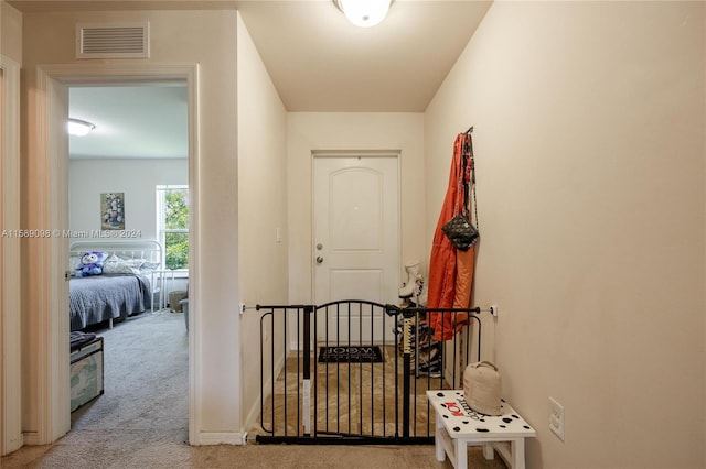 hallway with carpet floors