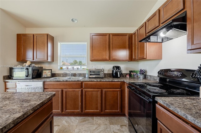 kitchen featuring dishwasher, light tile floors, sink, and black electric range