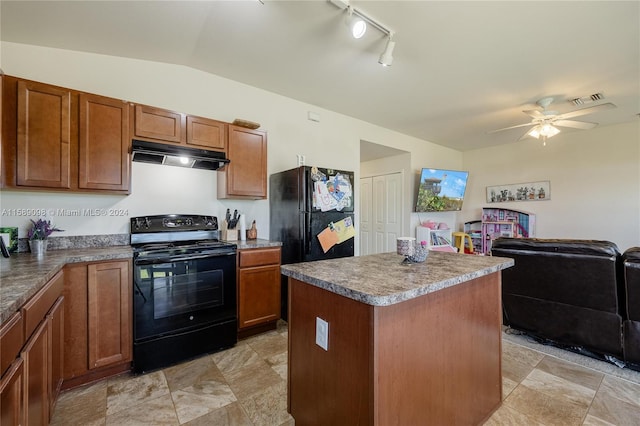 kitchen with a center island, range hood, black appliances, track lighting, and ceiling fan