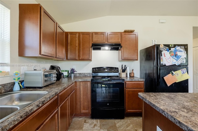 kitchen with lofted ceiling, black appliances, exhaust hood, sink, and light tile flooring