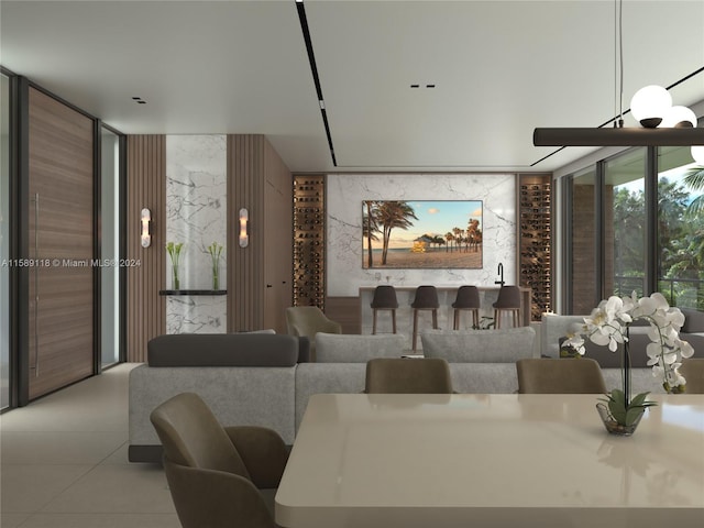 living room featuring tile flooring and expansive windows