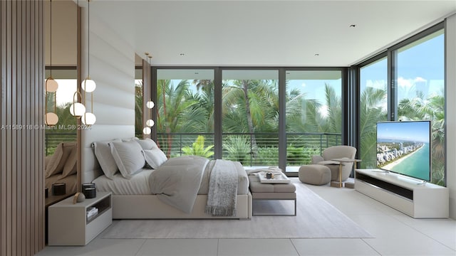 tiled bedroom featuring a wall of windows