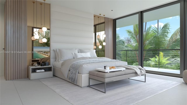 bedroom with a wall of windows and light tile floors