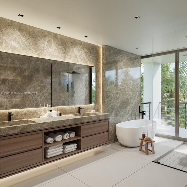 bathroom with tile walls, tile floors, independent shower and bath, and double sink vanity