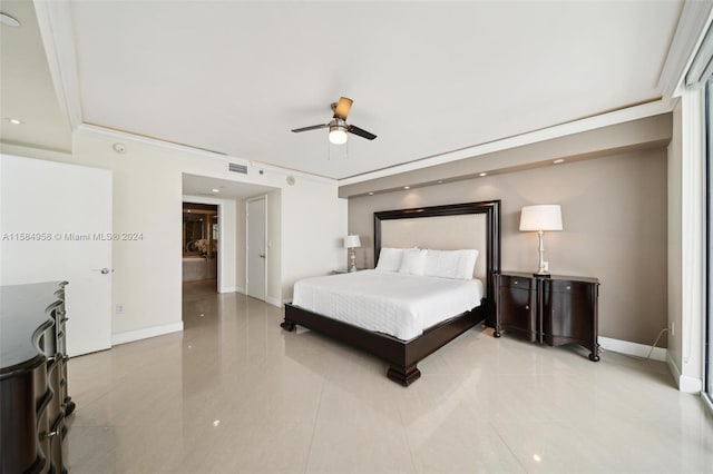 tiled bedroom featuring ornamental molding and ceiling fan