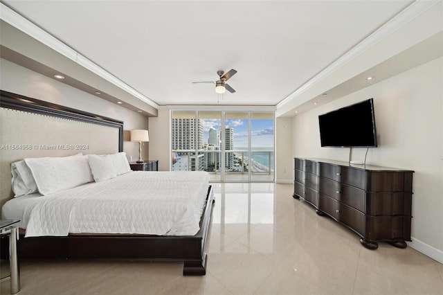 tiled bedroom with floor to ceiling windows, ceiling fan, access to exterior, and crown molding