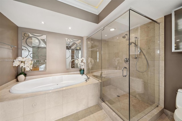 bathroom with tile floors, ornamental molding, separate shower and tub, and toilet