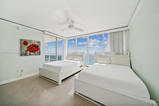 bedroom with crown molding, tile flooring, a water view, expansive windows, and ceiling fan