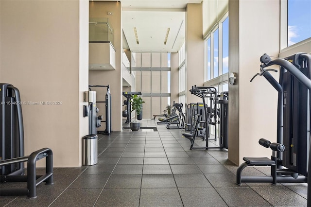 workout area featuring a towering ceiling