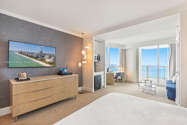 carpeted bedroom featuring crown molding and a water view