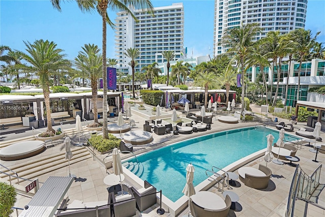 view of swimming pool with a patio