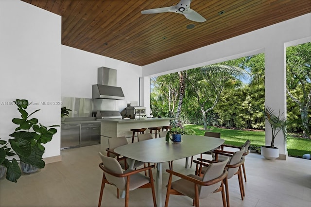 view of patio / terrace with area for grilling, ceiling fan, a bar, and exterior kitchen