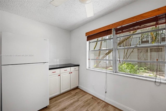 kitchen with light hardwood / wood-style floors, plenty of natural light, ceiling fan, and white refrigerator