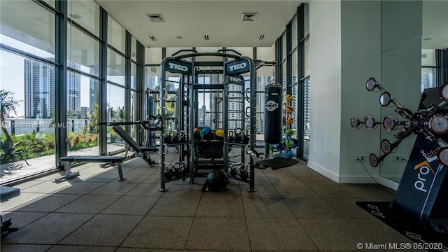 gym with a towering ceiling and expansive windows