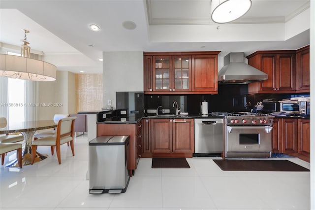 kitchen with stainless steel appliances, wall chimney range hood, decorative backsplash, plenty of natural light, and a tray ceiling