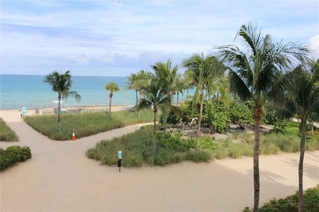 view of community featuring a beach view and a water view