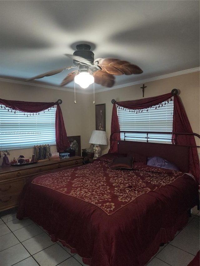 bedroom with tile flooring, ceiling fan, and crown molding