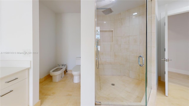 bathroom with a bidet, an enclosed shower, toilet, and tile floors