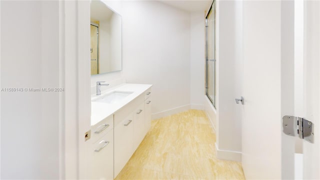 bathroom with hardwood / wood-style floors and oversized vanity