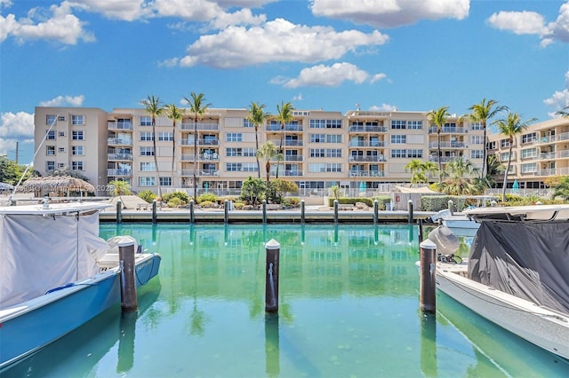 view of swimming pool with a dock