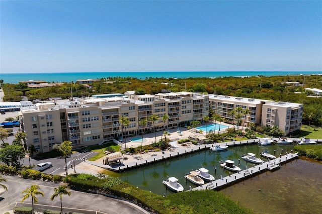 bird's eye view with a water view