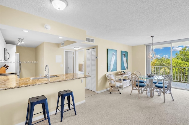 dining room with light colored carpet, visible vents, expansive windows, a textured ceiling, and baseboards