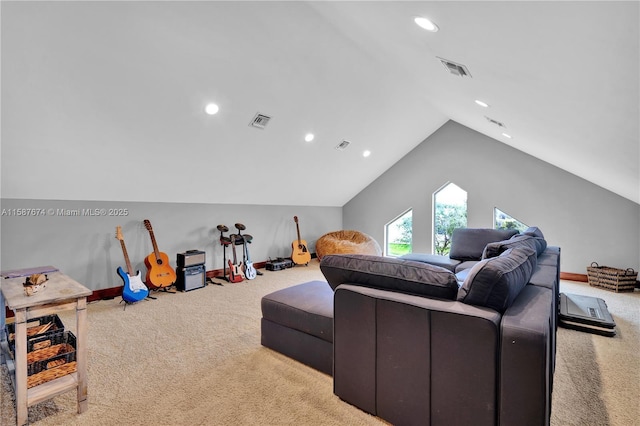 living room with light carpet and vaulted ceiling