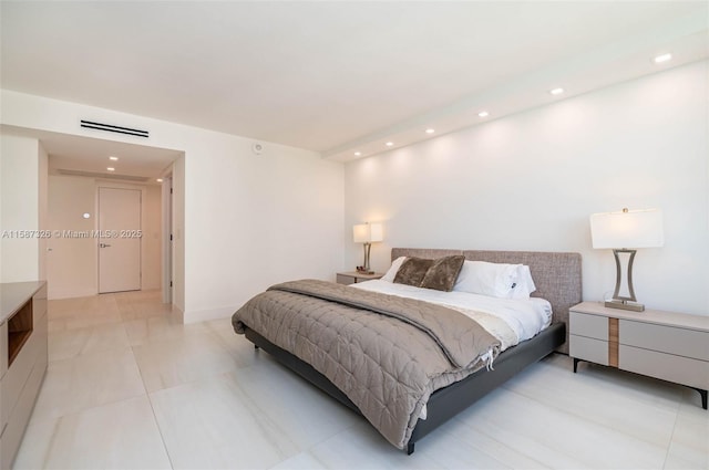 bedroom featuring recessed lighting, visible vents, and baseboards