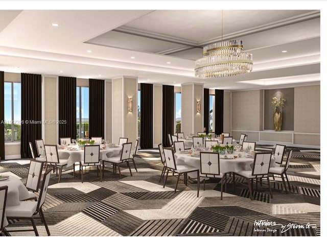 dining room with carpet, a tray ceiling, a chandelier, and recessed lighting